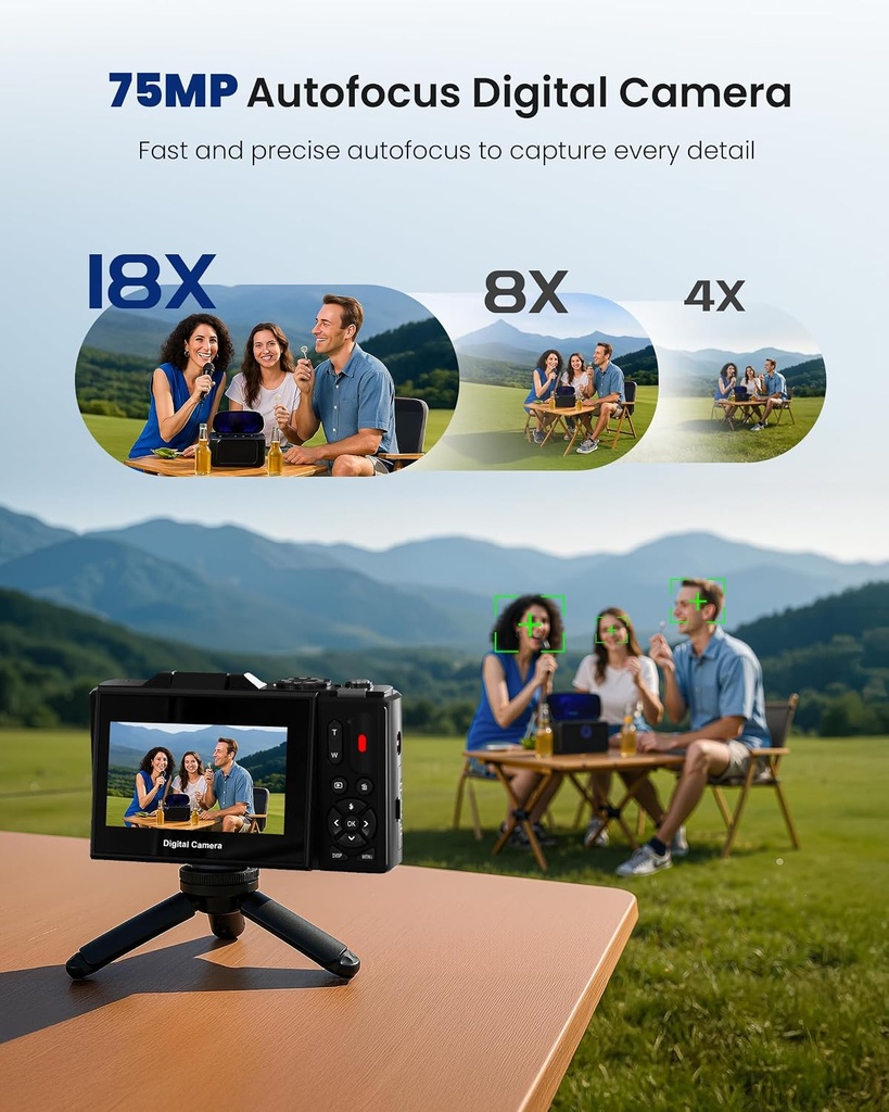 5K Digital Camera for Photography - 75MP Autofocus Vlogging Camera with 64GB SD Card, WiFi, 18X Zoom 3" 180° Flip Screen 