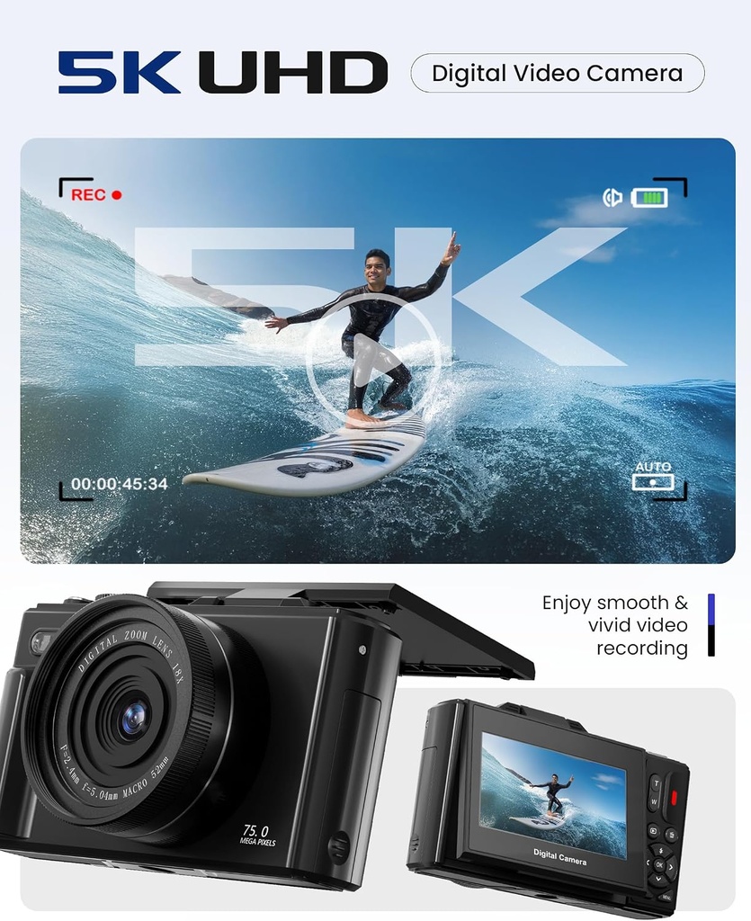 5K Digital Camera for Photography - 75MP Autofocus Vlogging Camera with 64GB SD Card, WiFi, 18X Zoom 3" 180° Flip Screen 