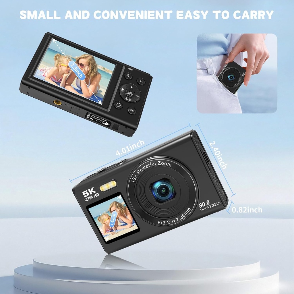 5K Digital 80MP Dual Screen Vlogging Camera 16X Digital Zoom Fill Light Includes 32GB Card & 2 Batteries (x9 Black)