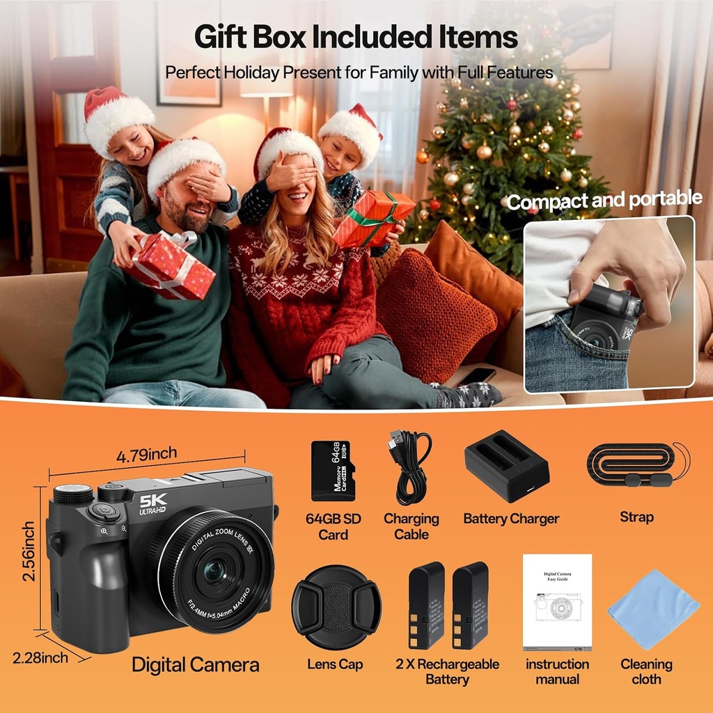 5K Digital Camera,75MP Cameras for Photography,WiFi Camara Fotografica,18X Point and Shoot Digital Cameras,Dual Lens Camera, 32GB Card,2 Batteries,