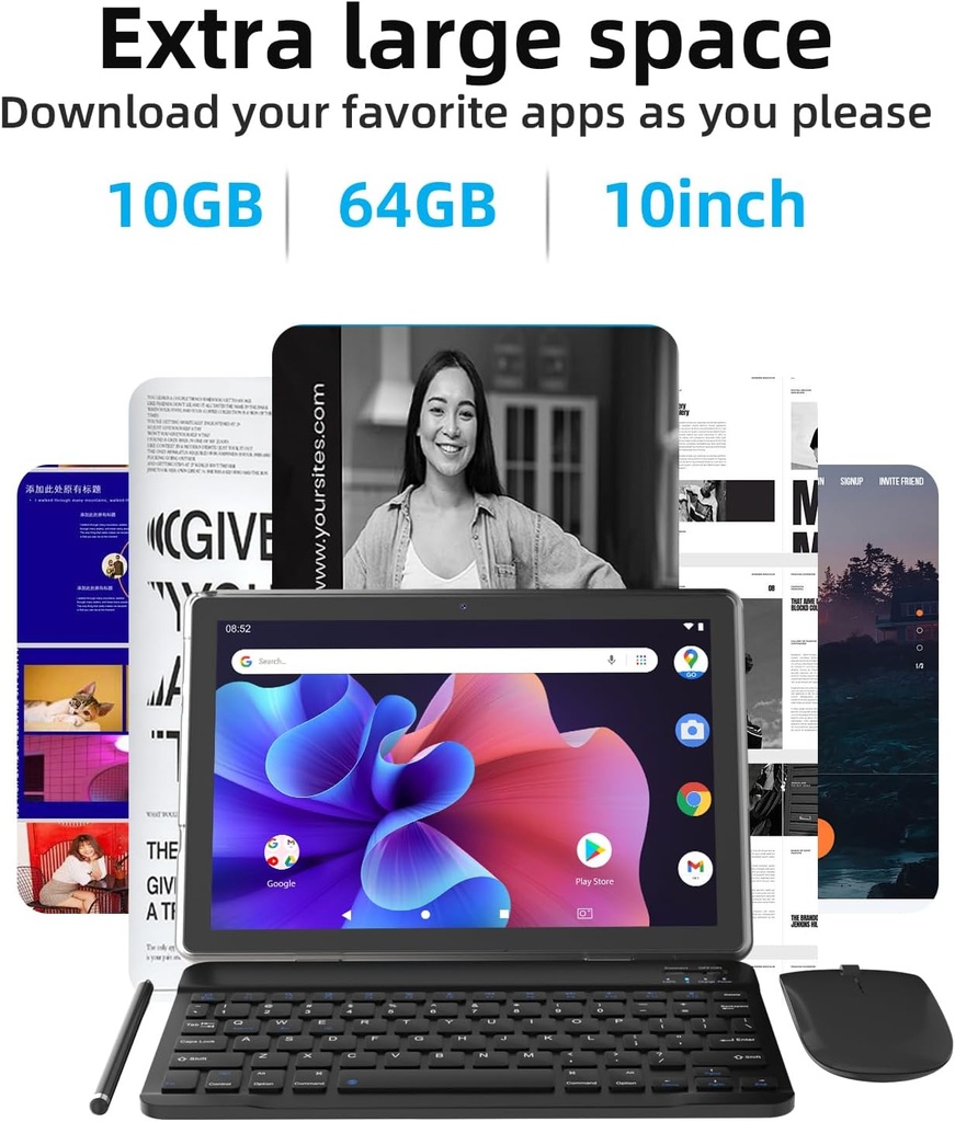 HDTABLET CP20 Android 15 Tablet 10 inch, 2 in1 Tablets with Keyboard Case Mouse Stylus 