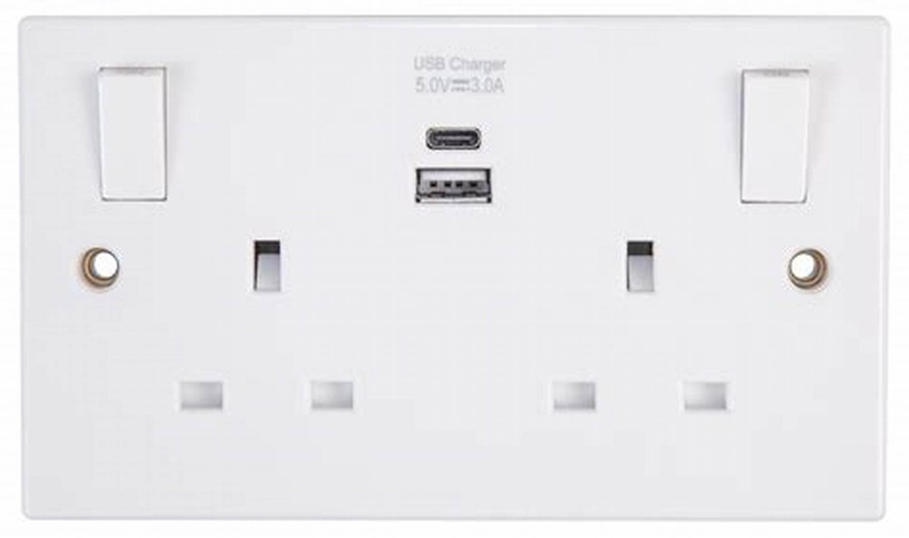 13A Double Multi Switch Socket with Light + USB C White
