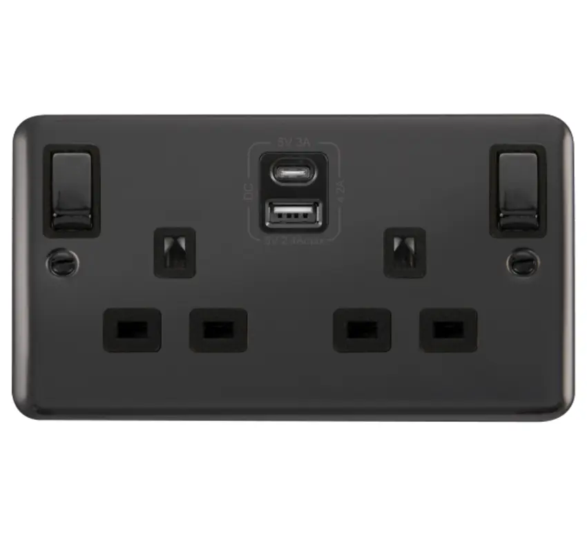 13A Double Multi Switch Socket with Light + USB C Black
