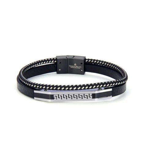GIORGIO MILANO MEN Double-Strand Leather with Greek Key Center Bar BRACELET 2050ST2