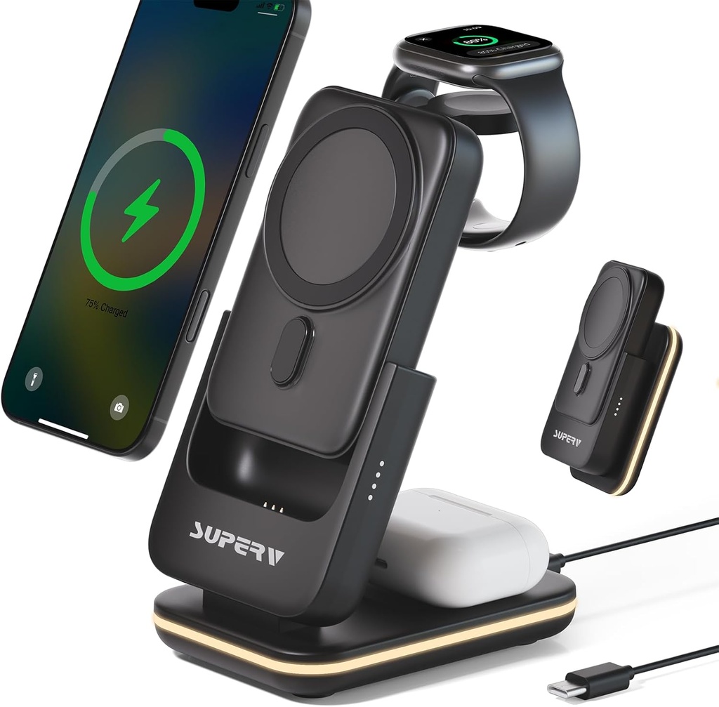 Merkury 4 in 1 Wireless Charging Station: 5000mAh Removable Power Bank Foldable Charging Stand - White