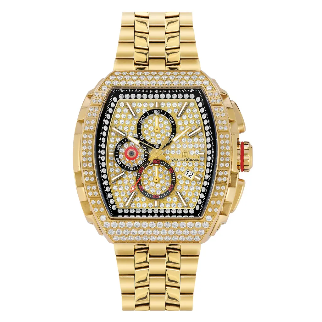 Giorgio Milano Men Chrono IP gold stainless steel Case ,cnc set CZ stones bezel, pave stone dial with Stainless Steel Bracelet MAESTRO BLING 245SG03M