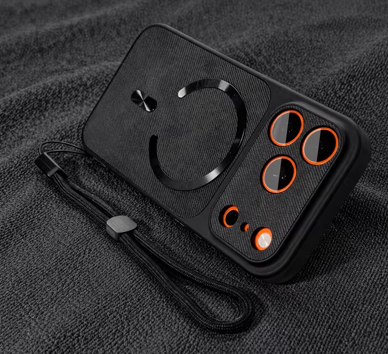 PUGB 2pcs Set (1 Case + 1 Lanyard) Luxury Retro Denim Pattern Magnetic Wireless Charging Case for Iphone 17Pro Max with Large Window Camera Shockproof Black