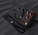 PUGB 2pcs Set (1 Case + 1 Lanyard) Luxury Retro Denim Pattern Magnetic Wireless Charging Case for Iphone 17Pro Max with Large Window Camera Shockproof Black