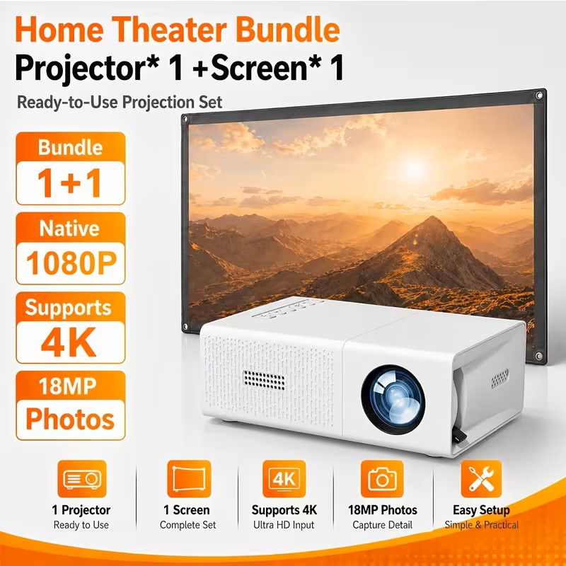 Home Theater Projector Native 1080P QHD with Screen 