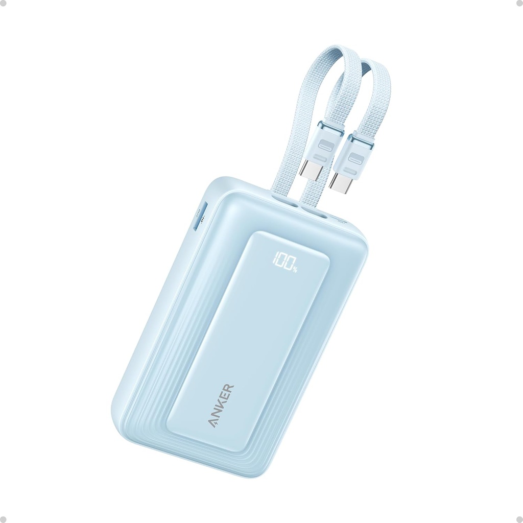 Anker Zolo Power Bank 20,000mAh 30W High-Speed Portable Charger with Built-in USB-C and Lighting  Cable blue