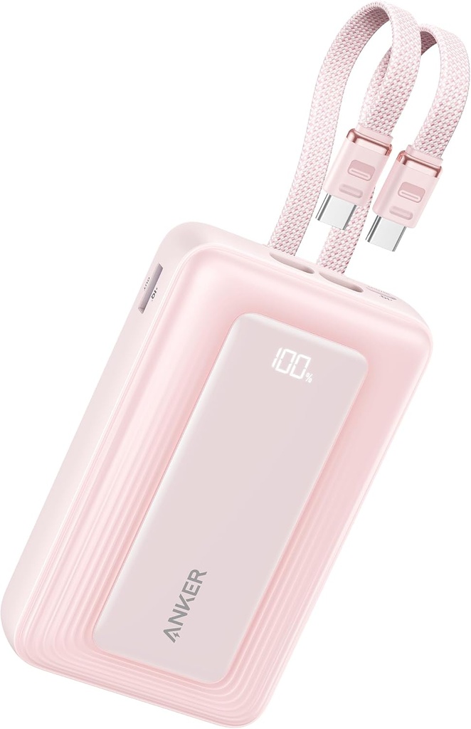 Anker Zolo Power Bank 20,000mAh 30W High-Speed Portable Charger with Built-in USB-C and Lighting  Cable pink