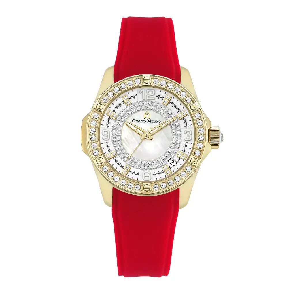 Giorgio Milano Women Round IPG Watch with Stone bezel Silver dial and RED Silicone Strap 241SG21322 EVE 
