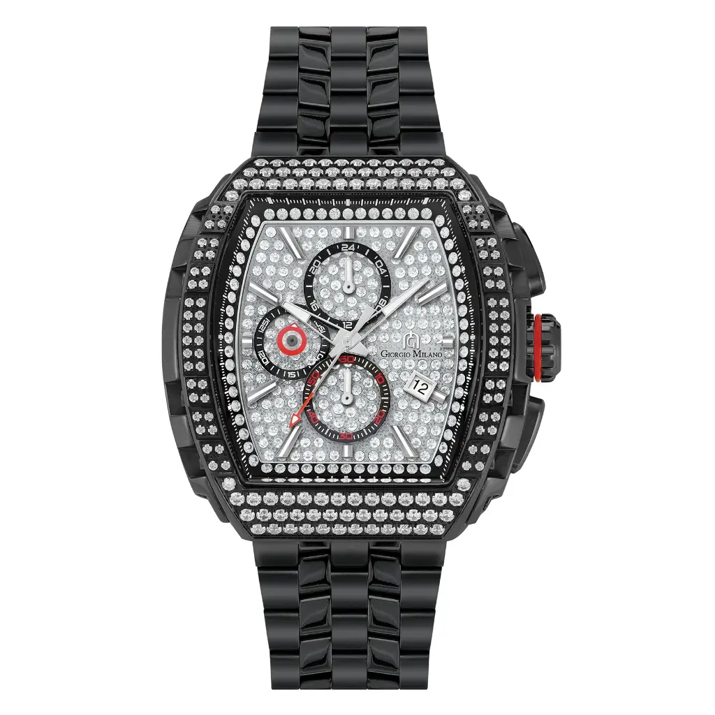 Giorgio Milano Men Chrono IP Black stainless steel case, cnc set CZ stones bezel, pave stone dial with Stainless Steel Bracelet MAESTRO BLING 245SBK03M