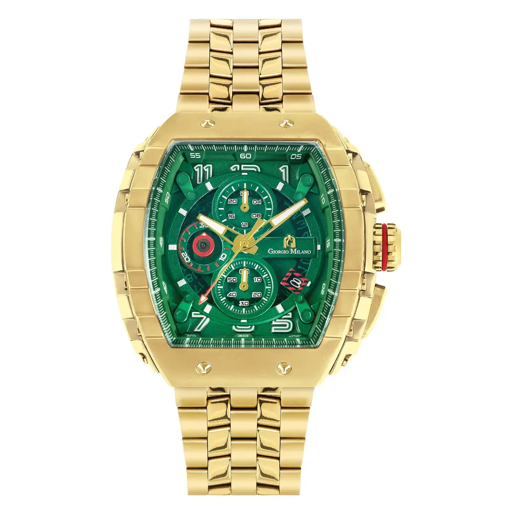 Giorgio Milano Men IP Gold Stainless Steel Watch Chrono with date, Green Dial, IP Gold Metal Bracelet 233SG18M MAESTRO METAL 