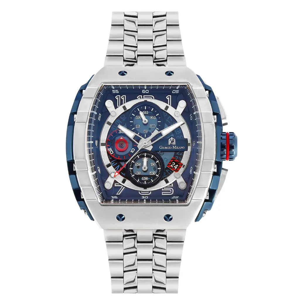 Giorgio Milano Men IP Blue Stainless Steel Watch Chrono with date, Blue Dial, Steel Metal Bracelet 233STBL04M MAESTRO METAL 