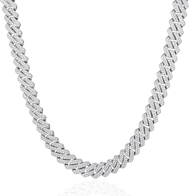 Mens Cuban Link Chain Iced Out Cuban Necklace Silver Plated over Brass Chain 