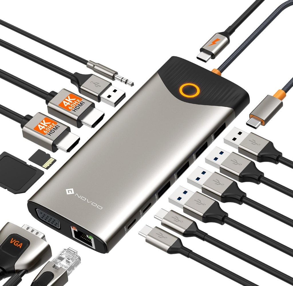 NOVOO USB C Docking Station Dual Monitor hub, 15 in1 Laptop Docking Station