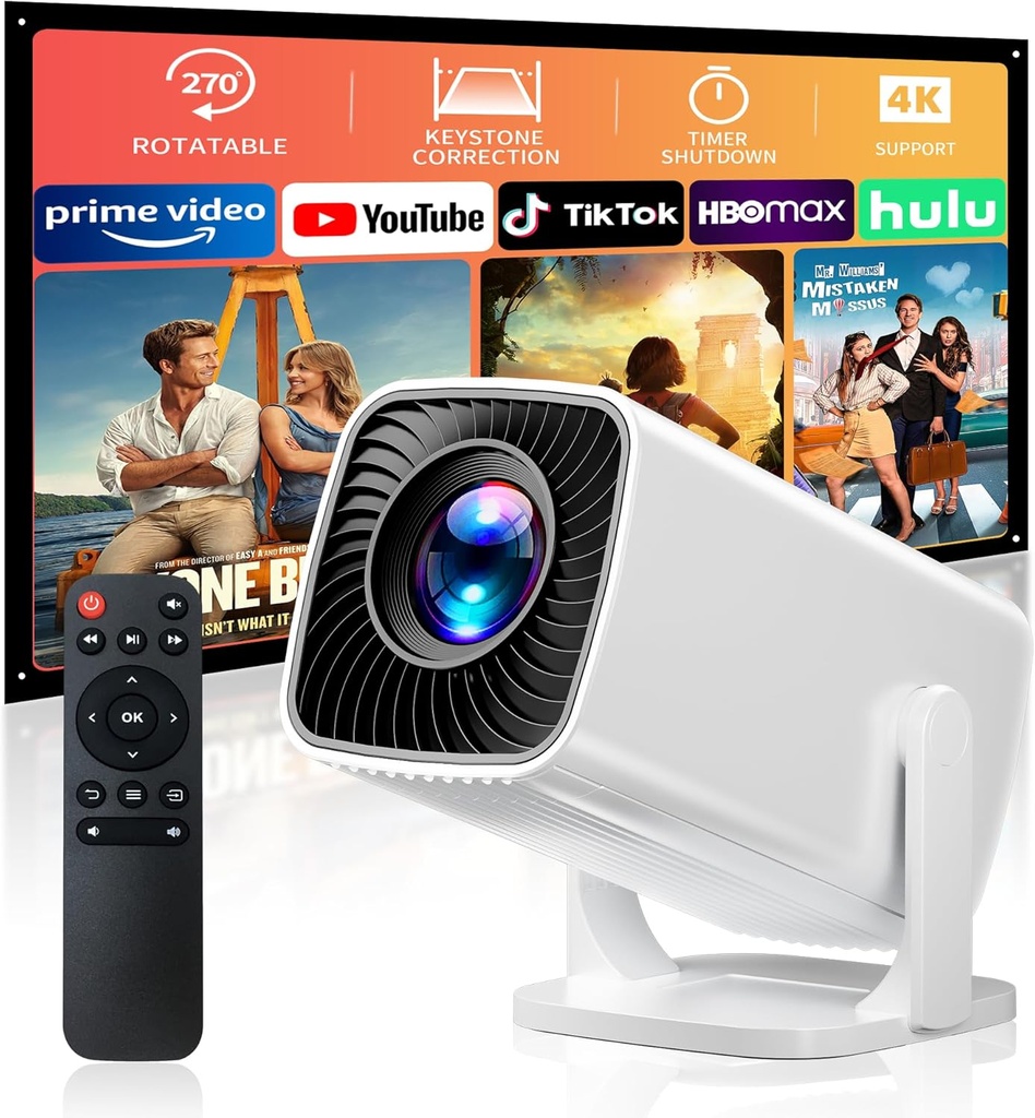 Mini Projector with 4K Support with Electric Focus & Keystone, 270° Rotatable Stand