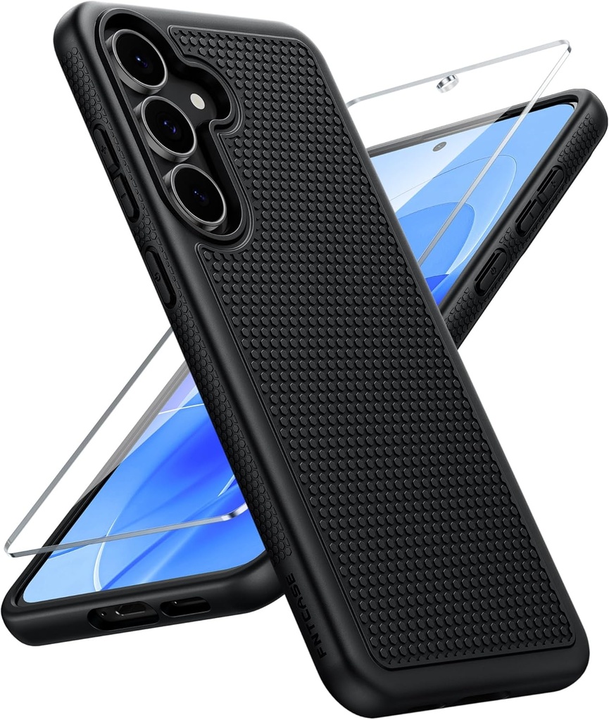FNTCASE Case for Samsung Galaxy S25 FE, Shockproof Protective Non Slip | With Screen Protector. Black