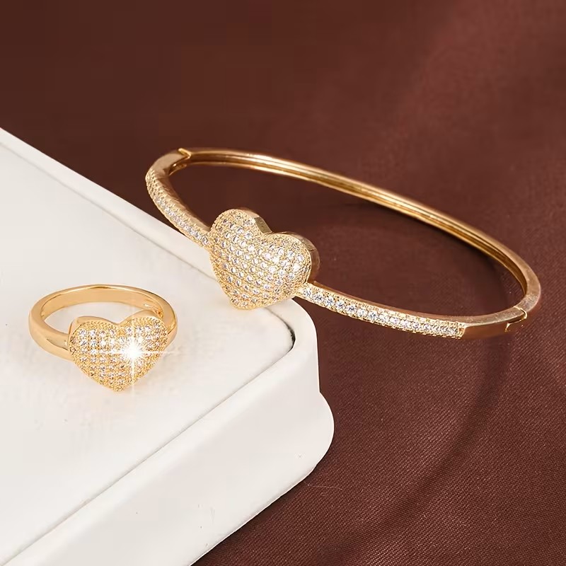Sweet Heart Design Brass Gold plated with Synthetic Zirconia Women'S Bracelet And Ring Set -220