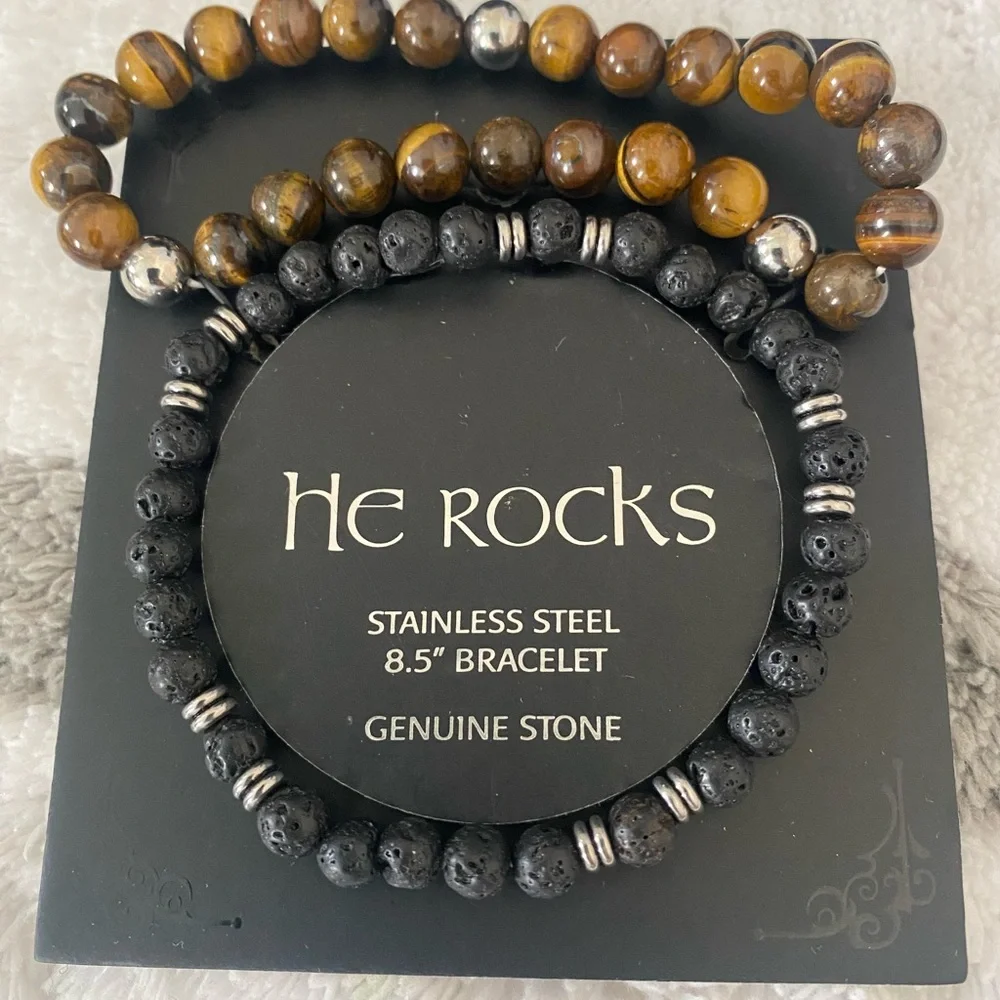HE ROCKS Stainless Steel Bracelet 8.5” Genuine Stone , Black
