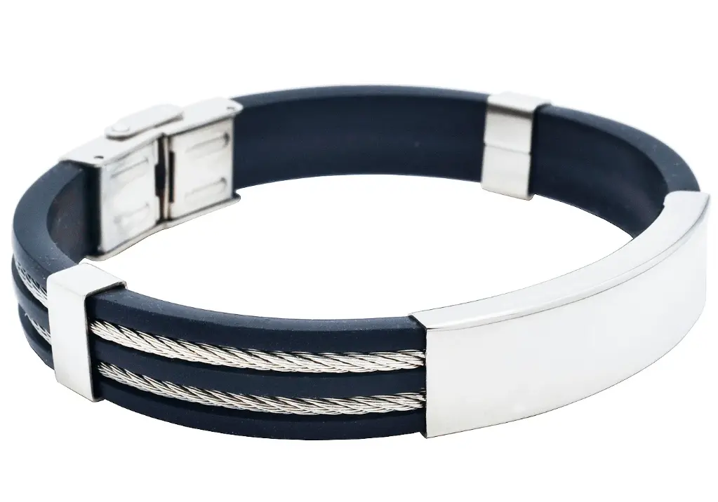 BLACKJACK Mens Black Silicone Stainless Steel Wire Bangle ID Bracelet BJB251W
