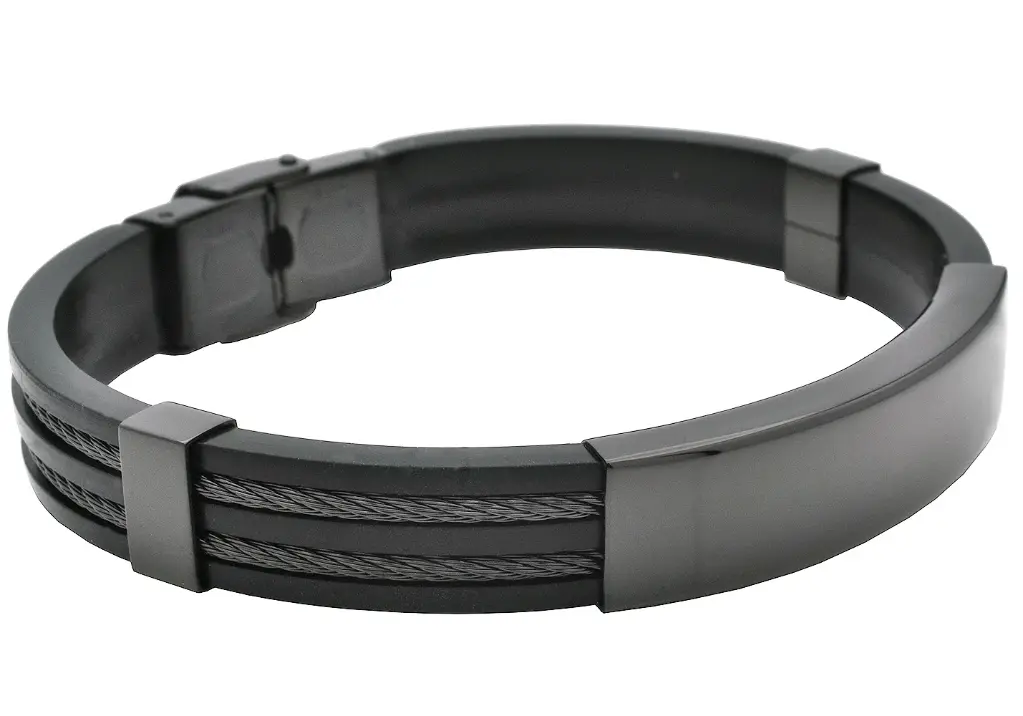 BLACKJACK Mens Black Silicone Stainless Steel Wire Bangle ID Bracelet BJB251b