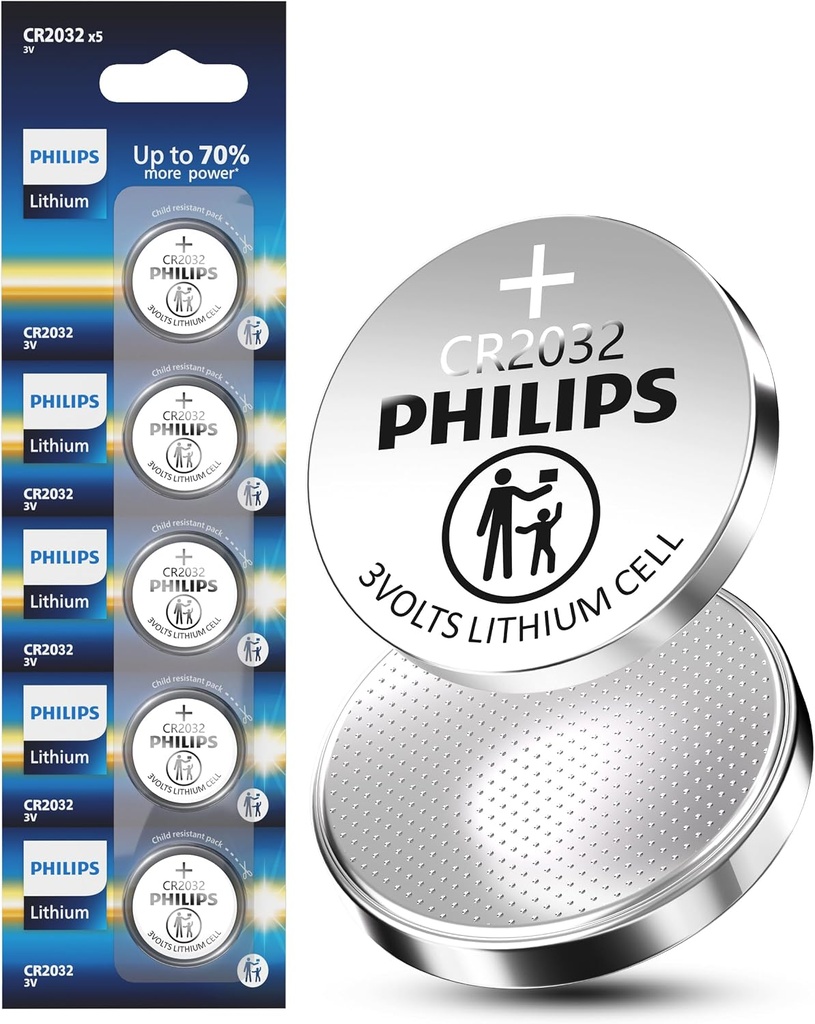 PHILIPS CR2032 Battery 5 Pack, 3v Lithium Coin Cell Battery Long-Lasting Coin and Button Cell Batteries (5Pk)