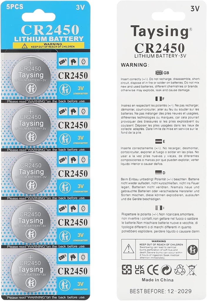 Taysing 5Pack 3V High Capacity Lithium Button Coin Cell Batteries CR2450 