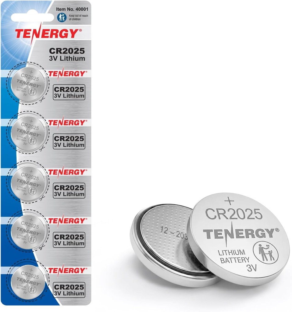 Tenergy 3V CR2025 Batteries, Lithium Button Coin Cell 2025 Battery, for Key FOBs & Other Devices, 5pk