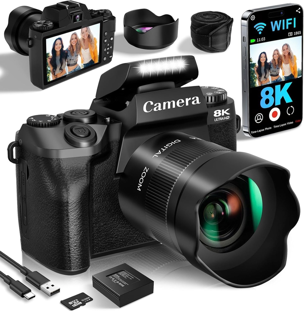 Saneen 8K Digital Cameras for Photography, 64MP Dual Lens Vlogging Camera & 32GB Card (Black)