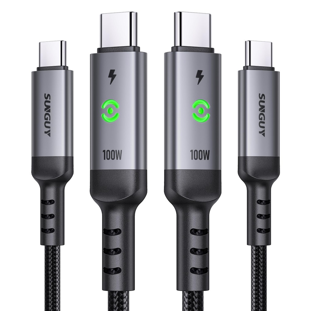 SUNGUY USB C to USB C Cable 3FT [2-Pack], 100W Fast Charging with LED Light
