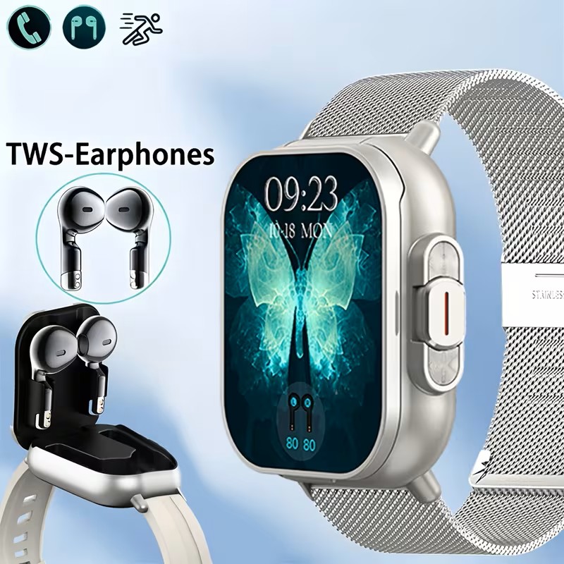 ERUN 2-In-1 Smartwatch And Wireless Earbuds , Featuring Music Control And Various Sports Modes with Activity Data Insights (Silvery Watch + Silvery Mesh Steel Strap)