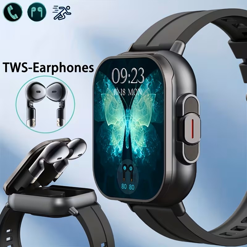 ERUN 2-In-1 Smartwatch And Wireless Earbuds , Featuring Music Control And Various Sports Modes with Activity Data Insights (Black Rubber)