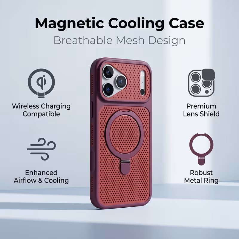 K61 Phone Case - Built-in Wireless Magnetic Attachment, Mesh Ventilation for Heat Dissipation, and Metal Kickstand.-IPHONE 15PRO - RED