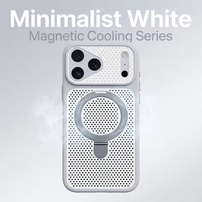 K61 Phone Case - Built-in Wireless Magnetic Attachment, Mesh Ventilation for Heat Dissipation, and Metal Kickstand.-IPHONE 15PRO - WHITE