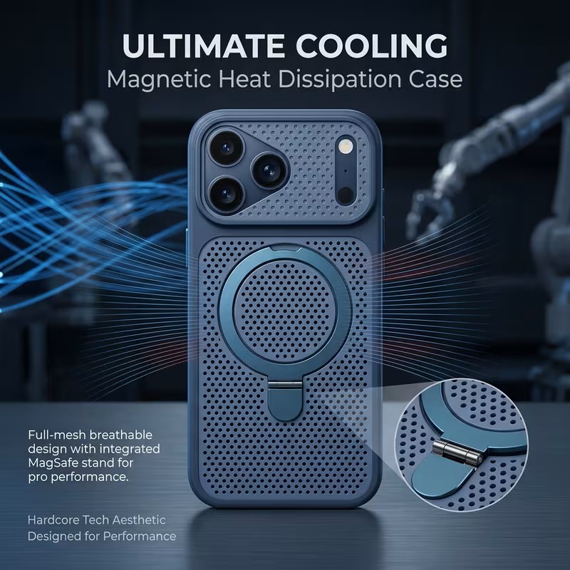 K61 Phone Case - Built-in Wireless Magnetic Attachment, Mesh Ventilation for Heat Dissipation and Metal Kickstand.-IPHONE 16PRO - BLUE 