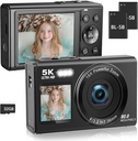 5K Digital 80MP Dual Screen Vlogging Camera 16X Digital Zoom Fill Light Includes 32GB Card & 2 Batteries (x9 Black)