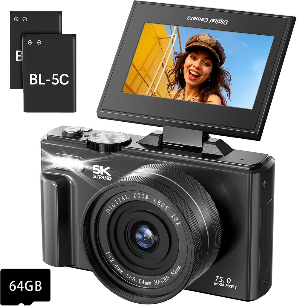 5K Digital Camera for Photography - 75MP Autofocus Vlogging Camera with 64GB SD Card, WiFi, 18X Zoom 3" 180° Flip Screen 