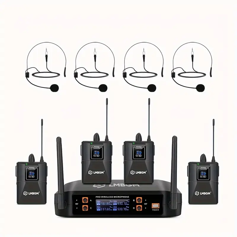 LMBGM PROFESSIONAL Wireless Microphone System Pro 4 Channel 4 Lavalier Bodypacks 4 Lapel Mic 4 Headsets , D44