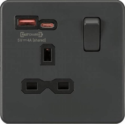 13A Multi with Blue C+USB Switch Single Socket Black