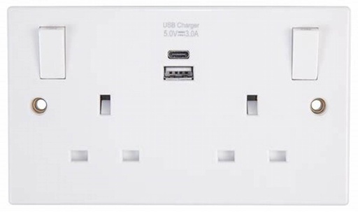 13A Double Multi Switch Socket with Light + USB C White