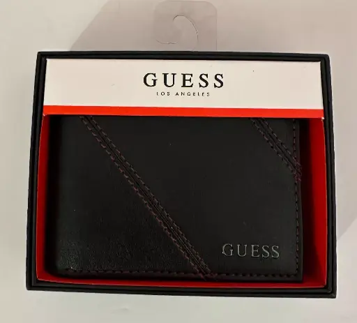 Guess Men's Bifold Wallet Faux Black Red Stitching