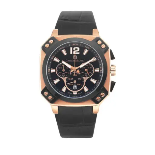 Giorgio Milano Chrono Square Rose Gold Case Black Leather Strap 886RGBK032 Tempo 