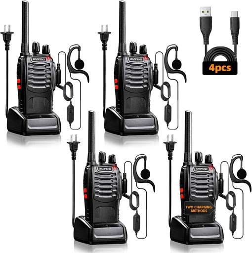 Baofeng 4set Walkie Talkies Long Range with Earpieces, 16 Channel Walkie Talkie Rechargeable Handheld Two Way Radios
