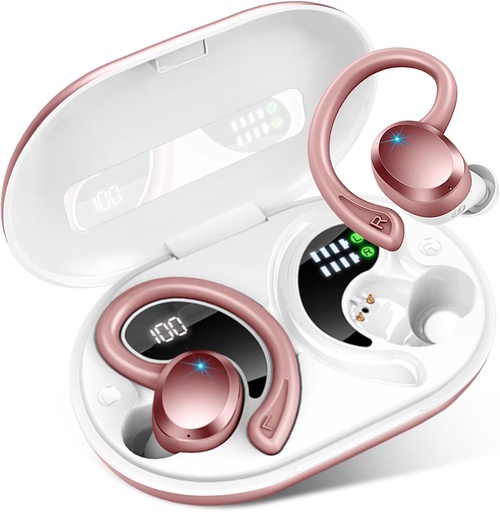 PEFUPEW Wireless Earbuds, Over Ear Buds With ENC Noise Cancelling Mic, 48H,  Earhooks, Stereo Deep Bass, IP7 Waterproof for Workout, Rose Gold