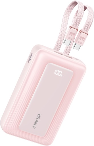Anker Zolo Power Bank 20,000mAh 30W High-Speed Portable Charger with Built-in USB-C and Lighting  Cable pink