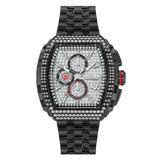 Giorgio Milano Men Chrono IP Black stainless steel case, cnc set CZ stones bezel, pave stone dial with Stainless Steel Bracelet MAESTRO BLING 245SBK03M