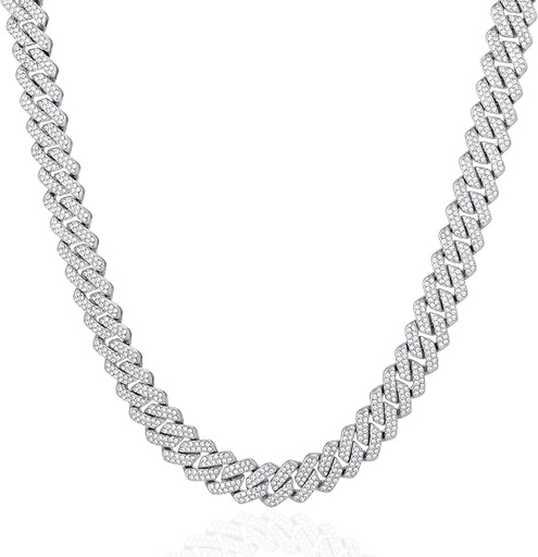 Mens Cuban Link Chain Iced Out Cuban Necklace Silver Plated over Brass Chain 