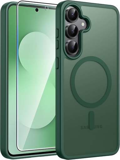 FNTCASE Case for Samsung Galaxy S25 FE with Screen Protector | Translucent Matte Magnetic Back, 14FT Military Grade Drop Protection, Slim Shockproof. Green